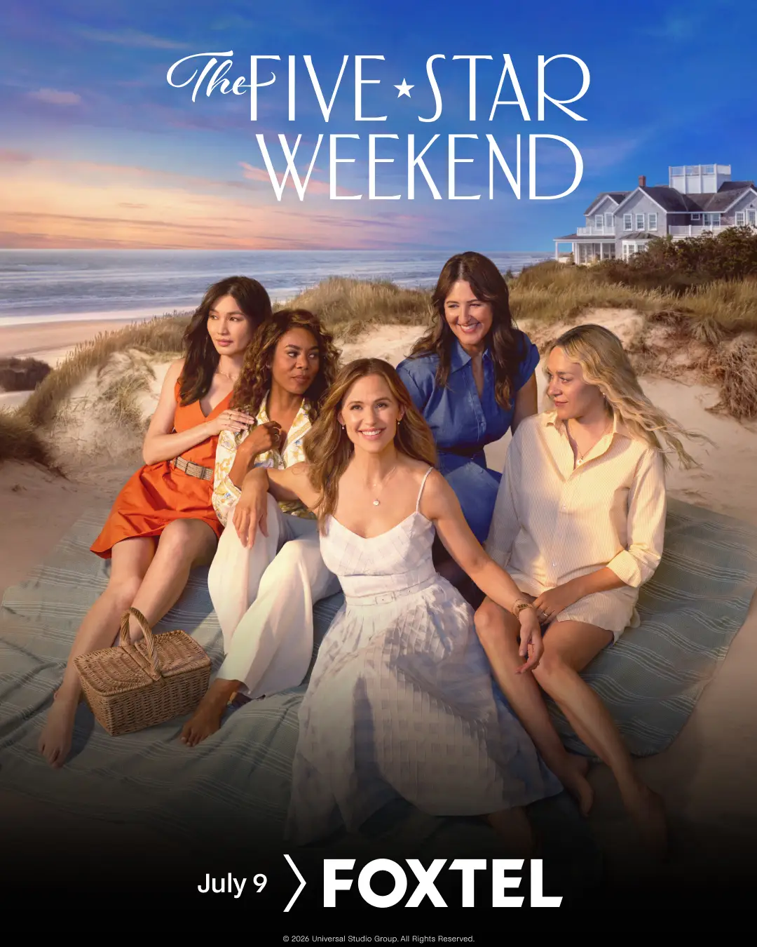 A promotional poster for "The Five-Star Weekend" showing Jennifer Garner, Gemma Chan, Regina Hall, D