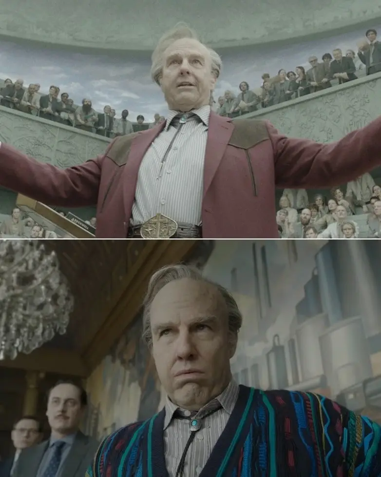 A two-panel image showing Tom Cruise dramatically transformed with prosthetics and graying hair as character Digger Rockwell, wearing a red jacket and a colorful cardigan in scenes from the film "Digger".