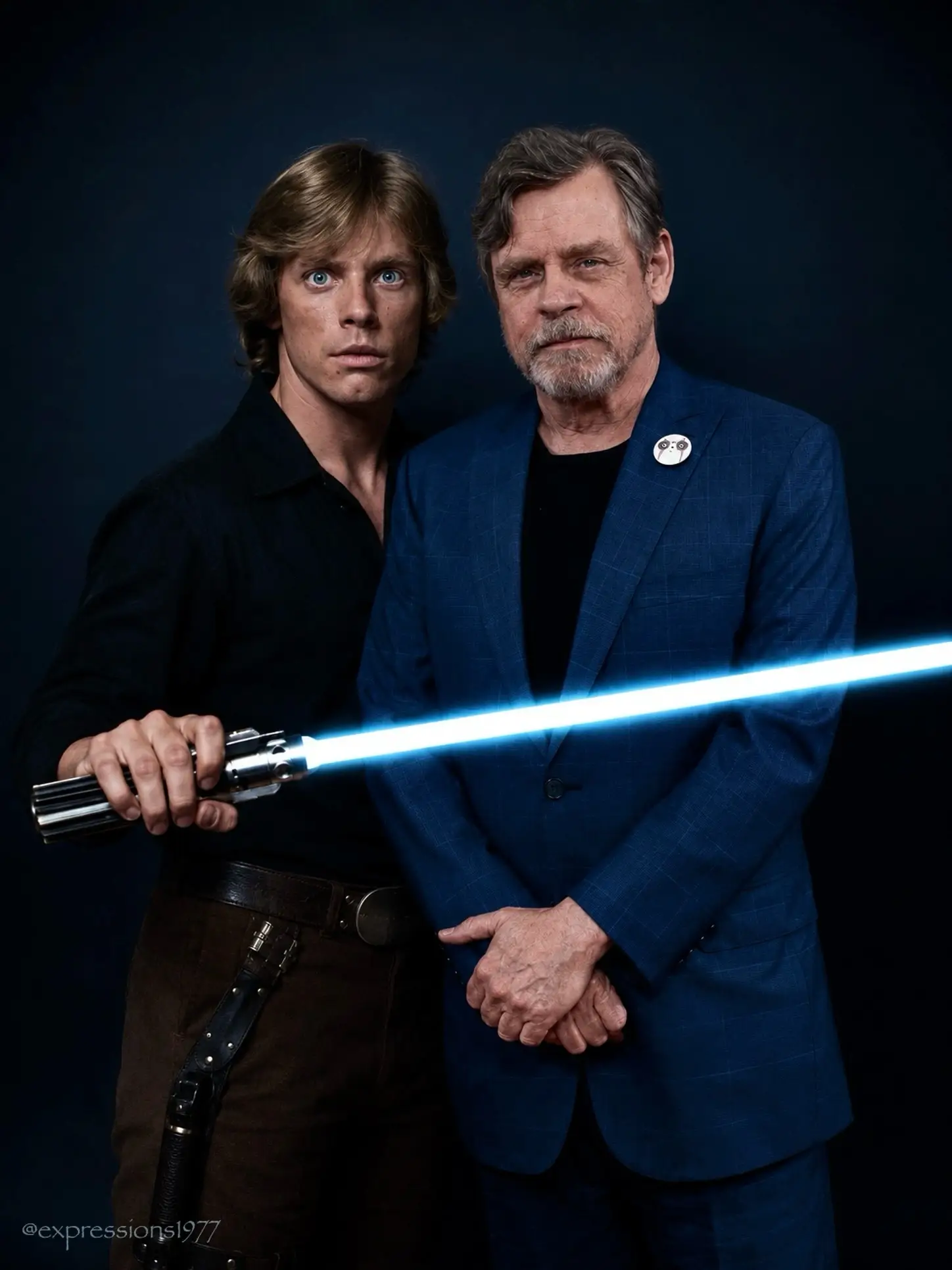 A composite portrait of a young Mark Hamill as Luke Skywalker holding a glowing blue lightsaber next to an older Mark Hamill in a blue suit.