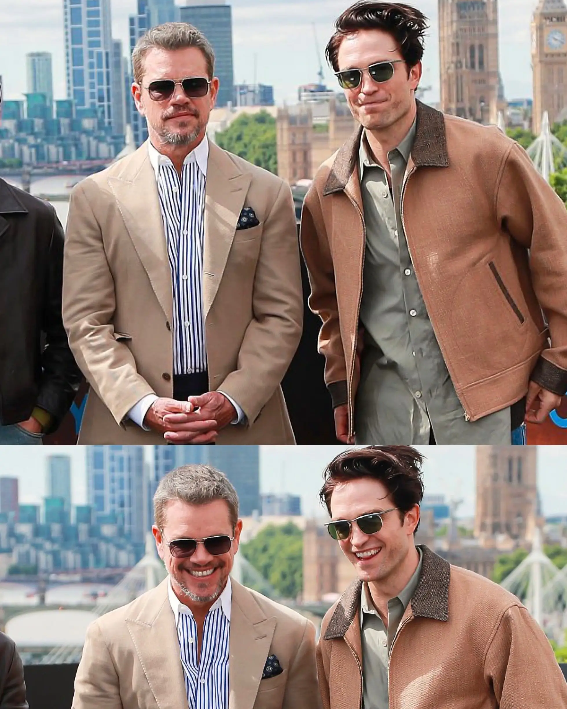 A two-panel image showing Matt Damon in a tan suit jacket and Robert Pattinson in a brown jacket both wearing sunglasses and posing together outdoors in London.