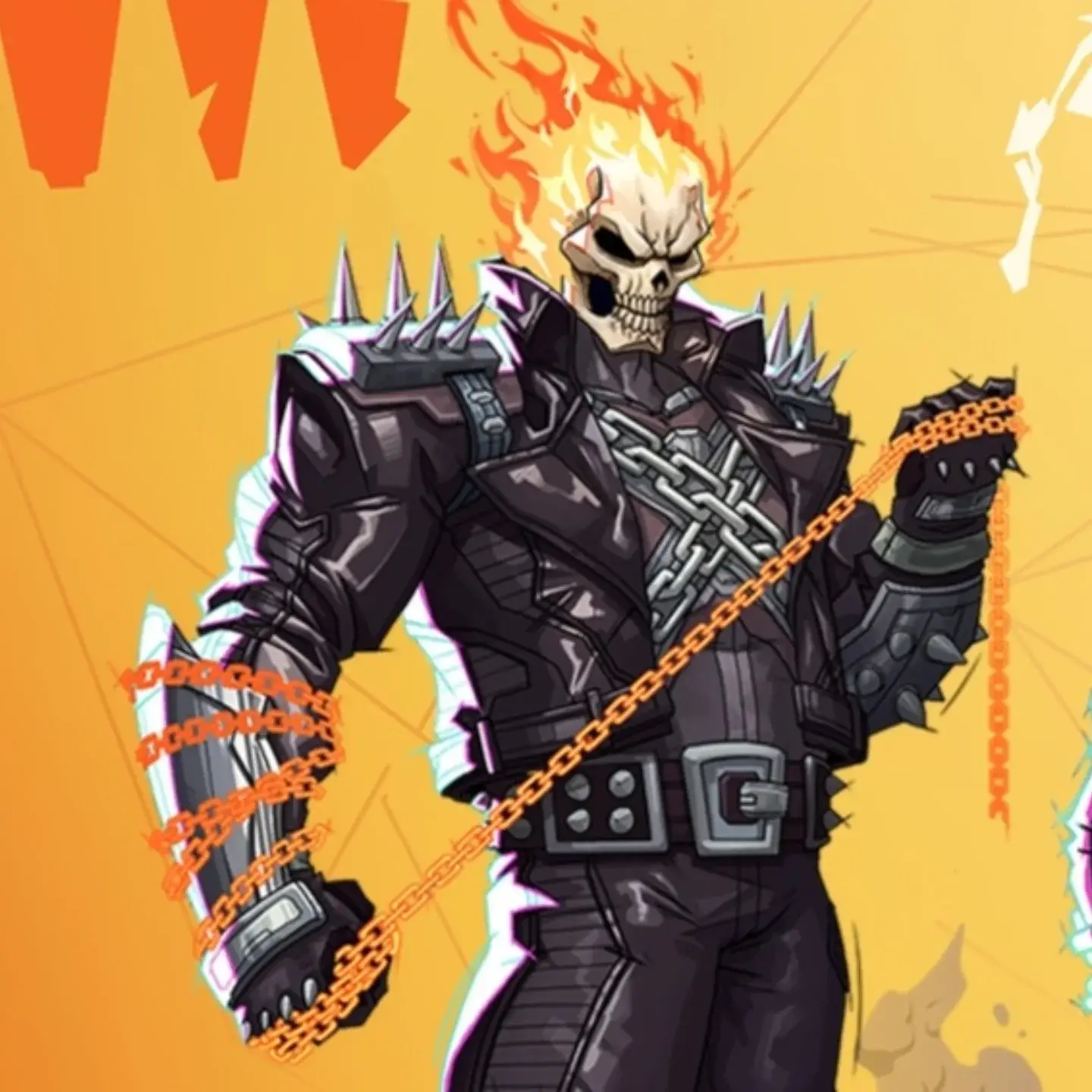 Comic book illustration of Ghost Rider Johnny Blaze with a flaming skull head and glowing fiery chains wrapped around his spiked leather jacket.