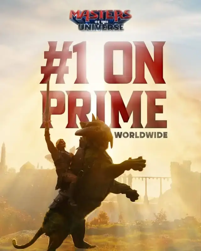 Promotional image for Masters of the Universe featuring He-Man raising his sword atop Battle Cat with bold text declaring "#1 ON PRIME WORLDWIDE".