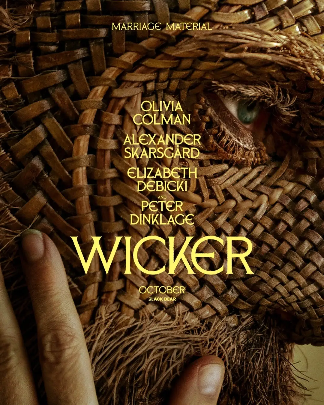 Movie poster for Wicker showing a human eye and hands peeking through woven wicker material.