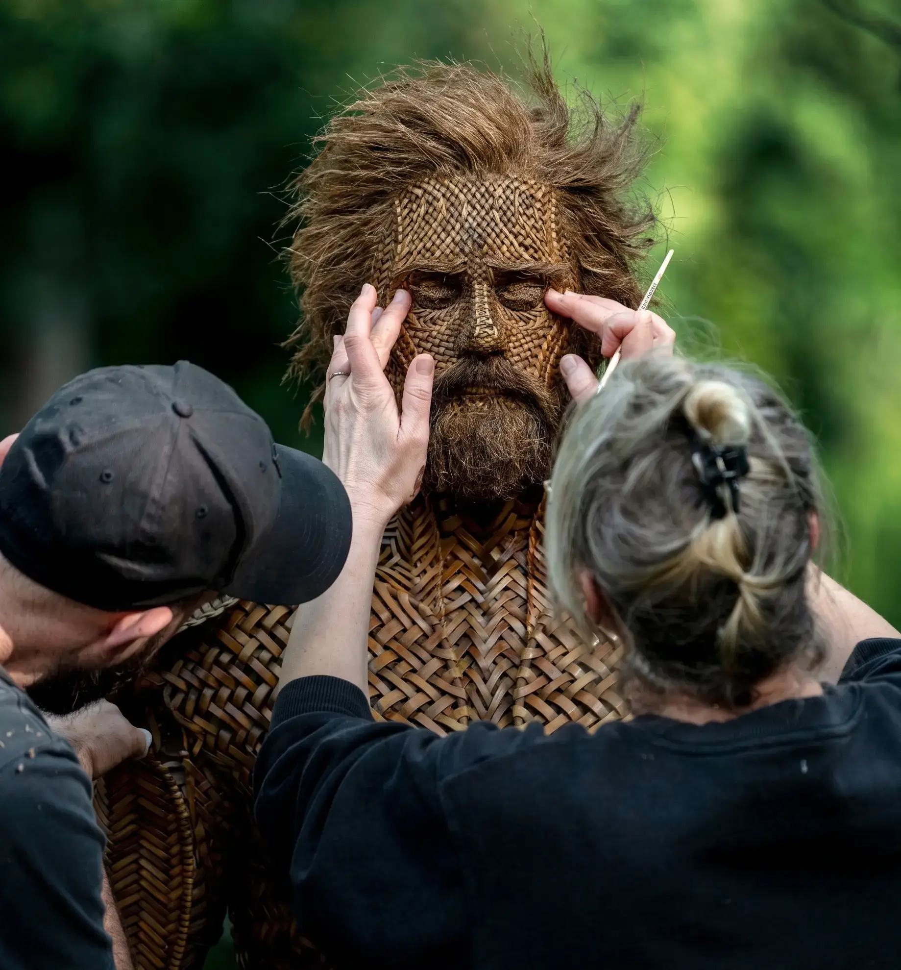 Makeup crew applying detailed touches to Alexander Skarsgård in full-body woven suit as The Wicker Husband on set.