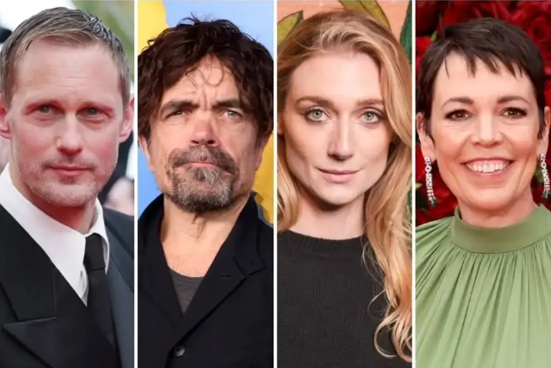 A four-panel collage featuring portraits of Alexander Skarsgård, Peter Dinklage, Elizabeth Debicki, and Olivia Colman side by side.