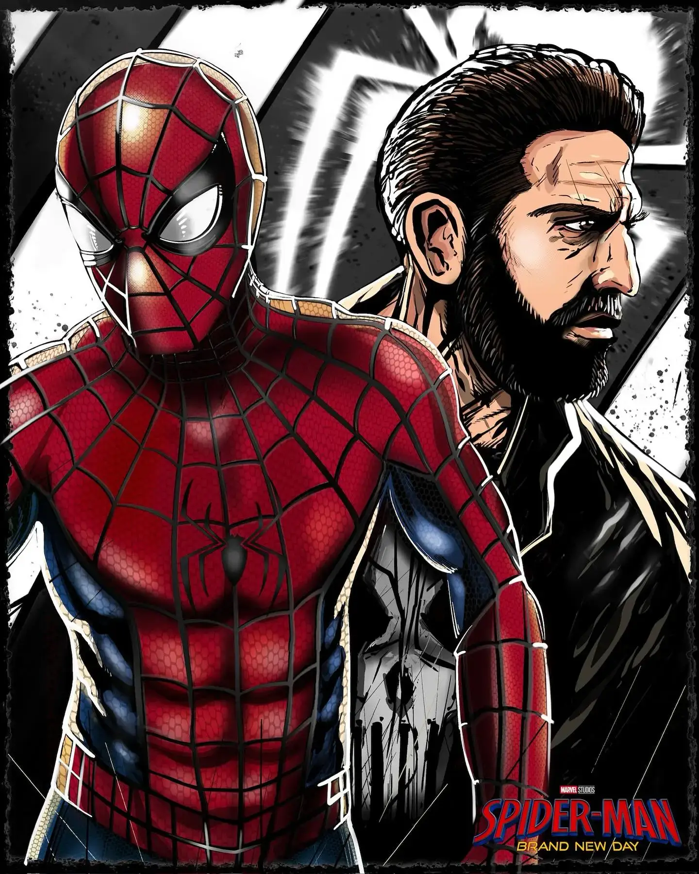 Comic-style fan poster featuring Spider-Man in the foreground standing back-to-back with Jon Bernthal’s Punisher under a Brand New Day title logo.