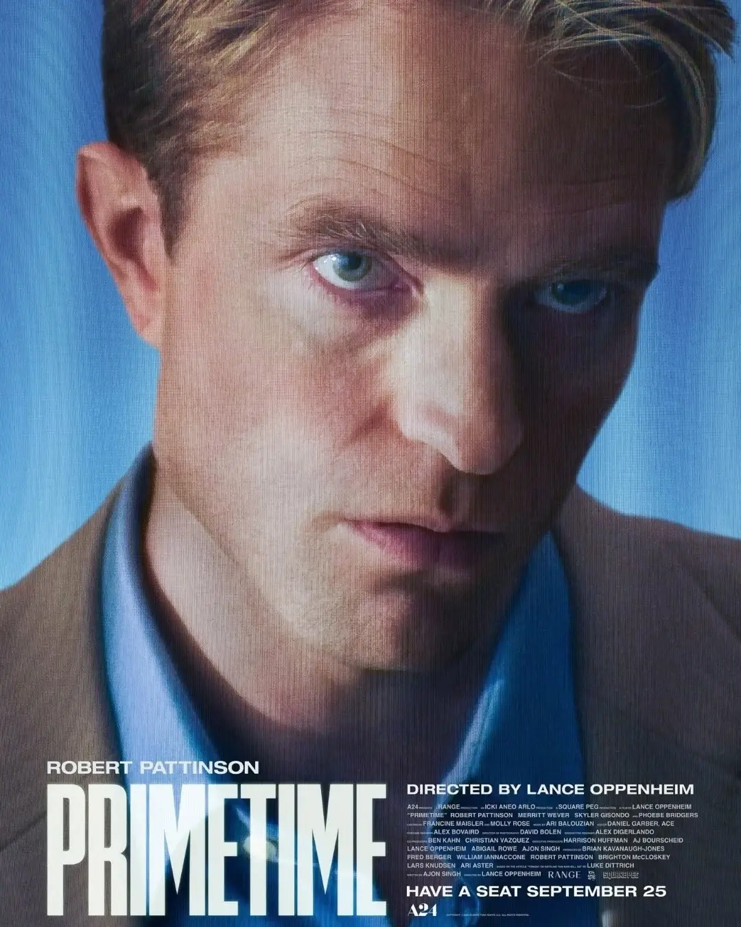 Movie poster showing a dramatic close-up of Robert Pattinson as Chris Hansen for the movie Primetime directed by Lance Oppenheim.