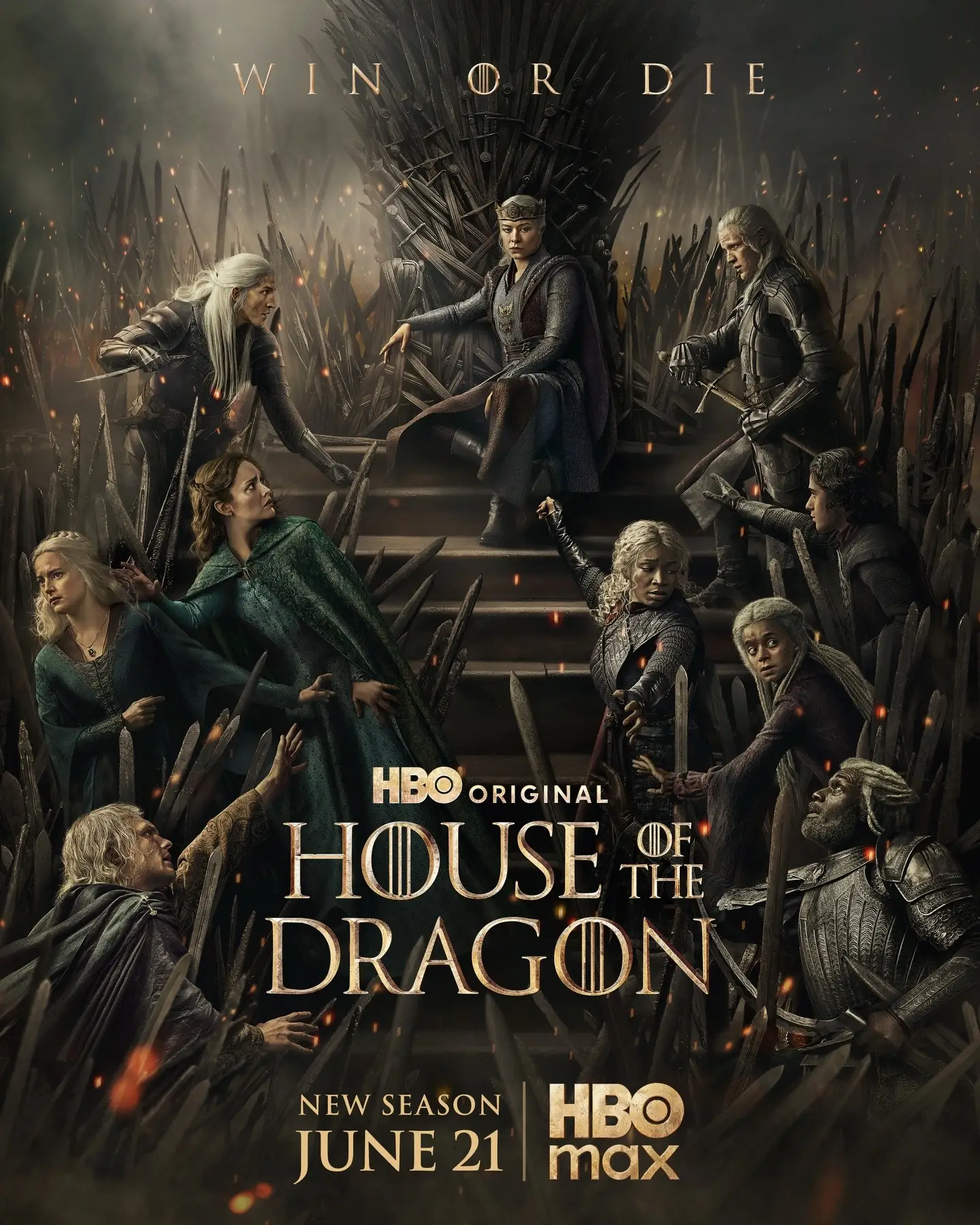 Official promotional poster for House of the Dragon Season 3 featuring key characters surrounding Queen Rhaenyra on the Iron Throne beneath the words "Win or Die".