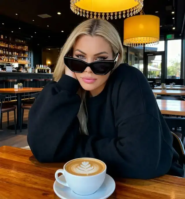 Shanna Moakler wearing black cat-eye sunglasses and a black sweater while sitting at a restaurant table with a cup of latte art coffee.