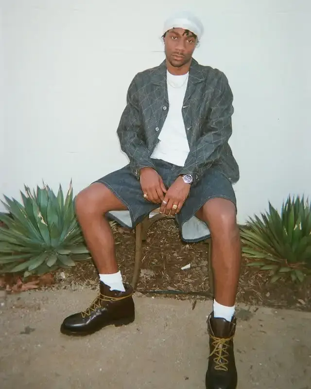 Jonathan Daviss sitting on a stool outdoors wearing a grey patterned jacket, denim shorts, black boots, and a white beanie.