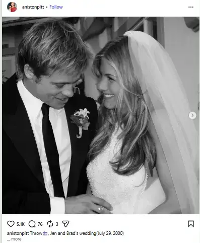 A black-and-white photo of Brad Pitt and Jennifer Aniston smiling at each other on their wedding day.