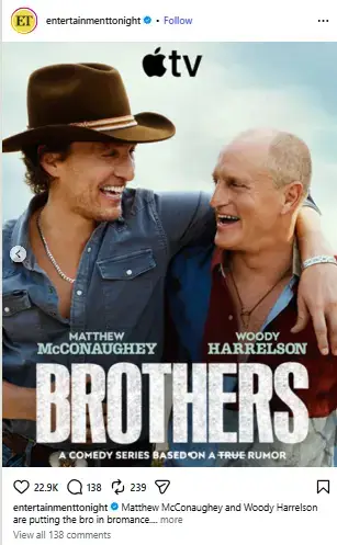 Woody Harrelson and Matthew McConaughey laughing together in the promotional poster for the Apple TV+ comedy series Brothers.