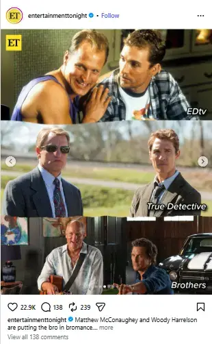 Collage showing Woody Harrelson and Matthew McConaughey across their collaborations in EDtv, True Detective, and the upcoming Brothers trailer.