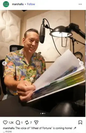 Jim Thornton smiling in a colorful Hawaiian shirt while flipping through a script at a recording studio microphone.