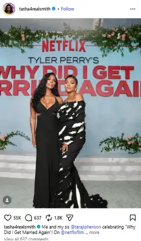 Tasha Smith and Taraji P. Henson posing together in glamorous black gowns in front of a Netflix backdrop.