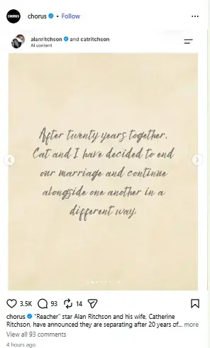 Joint Instagram statement on beige paper announcing the end of Alan Ritchson and Catherine Ritchson