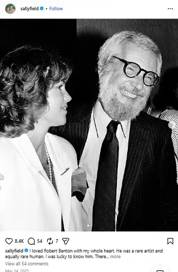 Vintage black-and-white photo of Robert Benton smiling broadly in round glasses alongside Sally Field.