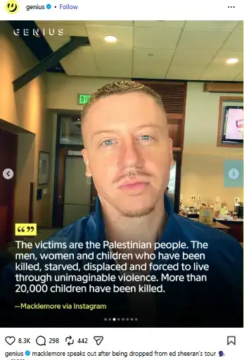 Close-up of rapper Macklemore featured alongside a text graphic detailing his public statement regarding Palestine.