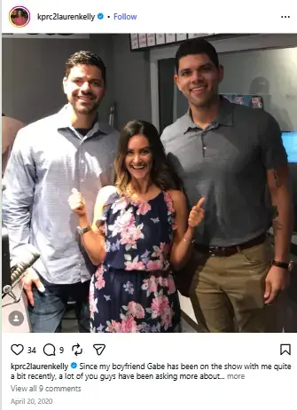 Lauren Kelly in a floral sundress smiling and giving thumbs up between Gabriel Sauceda and his brother in a radio studio.