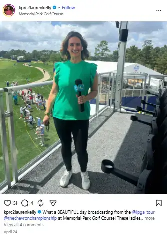 Lauren Kelly holding a microphone while standing outdoors overlooking a sunny golf tournament course.