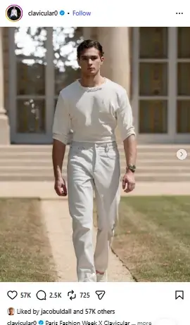 Braden Peters walking forward along an outdoor path in a monochrome white long-sleeve top and matching trousers.