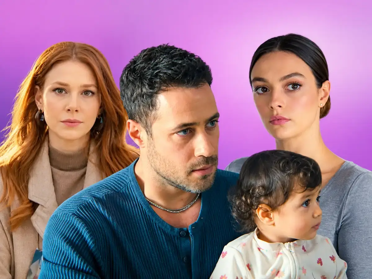 Elçin Sangu, Ozan Dolunay, and Sinem Ünsal posing closely alongside a young child against a purple studio backdrop.