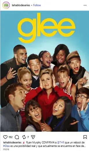 Sue Sylvester covering her ears in a red tracksuit while the singing ensemble cast crowds around her under the yellow Glee logo.