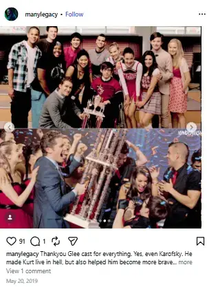 Split photo showing the New Directions choir club holding trophies together in the choir room and celebrating under stage confetti.