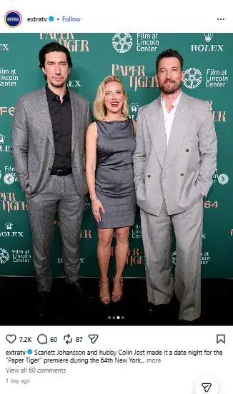 Scarlett Johansson posing between co-stars Adam Driver and Channing Tatum on the green carpet for Paper Tiger.