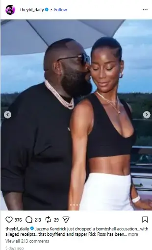 Rick Ross whispering softly toward Jazzma Kendrick as she smiles in a black crop top and white bottoms outdoors.
