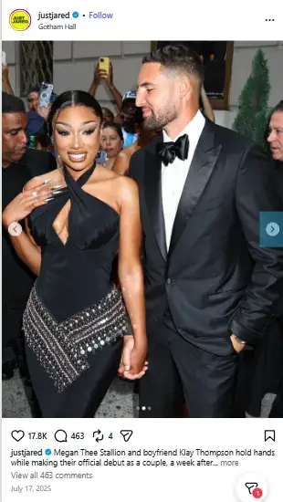 Megan Thee Stallion in a black halter gown holding hands with Klay Thompson dressed in a black tuxedo and bow tie.