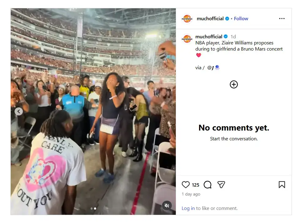 Ziaire Williams down on one knee proposing to his surprised girlfriend in the crowd at a Bruno Mars concert.