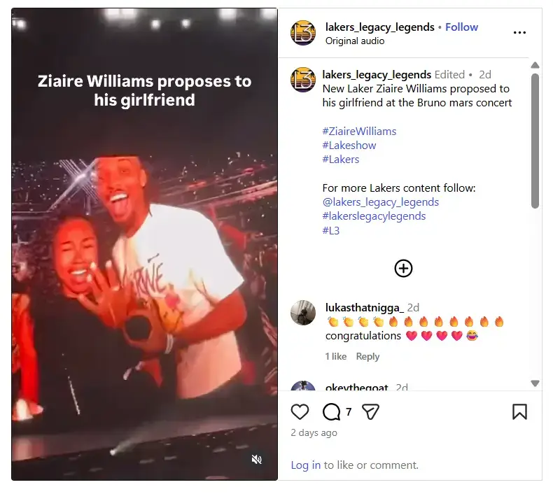 Ziaire Williams celebrates excitedly alongside his smiling fiancée as she shows off her sparkling new engagement ring on the stadium big screen.