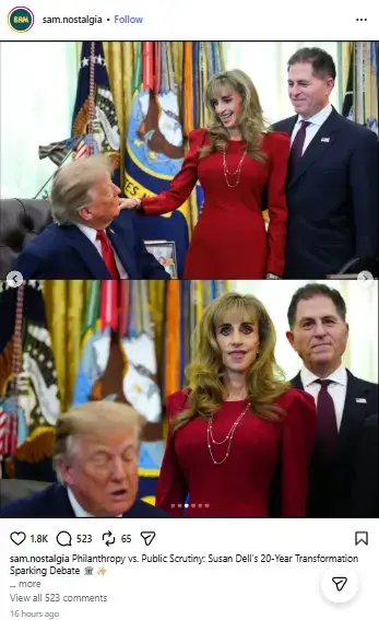 Susan Dell in a bright red dress touching Donald Trump