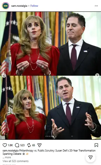 Susan Dell in a bright red dress speaking with her hands alongside her husband Michael Dell in a suit and tie.
