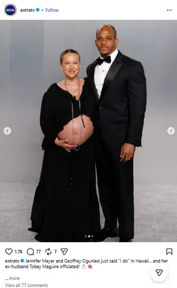 Jennifer Meyer posing in an open-front black gown showing her baby bump alongside Geoffrey Ogunlesi dressed in a black tuxedo.