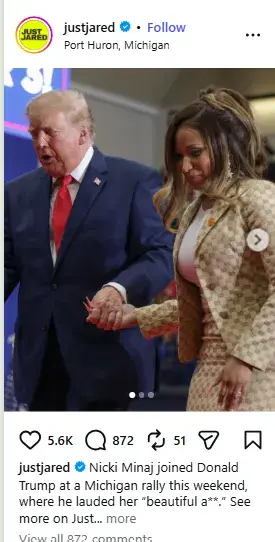 Donald Trump holding hands onstage with Nicki Minaj in a patterned tan Gucci blazer at a Michigan campaign rally.