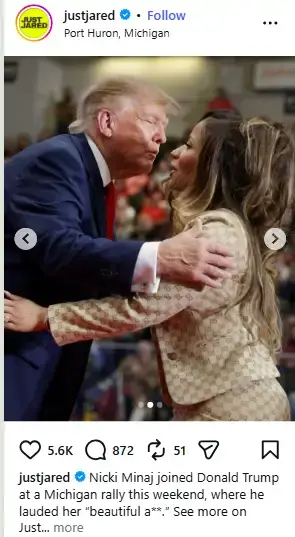 Donald Trump leaning in with pursed lips to greet Nicki Minaj with an embrace onstage at a Michigan political rally.