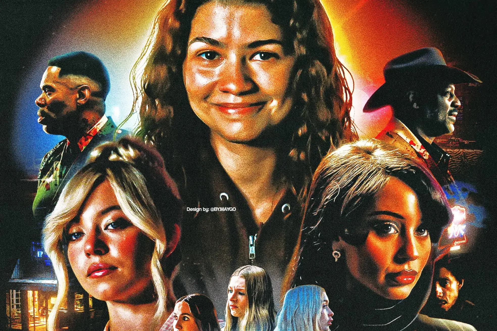 An illustrated poster featuring Zendaya surrounded by Euphoria co-stars Sydney Sweeney, Alexa Demie,️