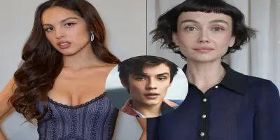 A collage of photos featuring Olivia Rodrigo, Louis Partridge, and Sydney Chandler.