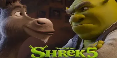 Donkey smiling next to Shrek looking at him.